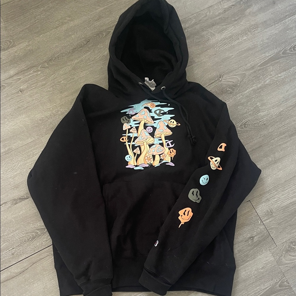 Champion Black Crewneck Hoodie with Pastel Mushroom & Planet Graphic